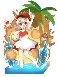 Rule 34 | 1girl, :d, ahoge, alternate costume, armpits, arms up, ball, beach, beachball, cabbie hat, carrying, casual, clover print, coconut tree, collarbone, commentary request, dress, explosion, eyes visible through hair, floating, floating object, genshin impact, hair between eyes, hat, hat feather, hat ornament, highres, in water, jumpy dumpty, klee (genshin impact), light brown hair, long hair, looking at viewer, low twintails, nontao, ocean, open mouth, orange eyes, palm tree, pointy ears, sidelocks, sleeveless, sleeveless dress, smile, solo, standing, standing on one leg, tree, twintails, wading, waving