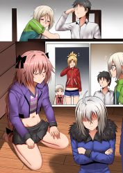 Rule 34 | 2girls, 3boys, ahoge, astolfo (fate), astolfo (memories at trifas) (fate), black skirt, blonde hair, blush, breasts, closed eyes, comic, commentary request, dress, fate/grand order, fate (series), fujimaru ritsuka (male), ginhaha, grey hair, hair between eyes, hair ornament, jacket, jeanne d&#039;arc (fate), jeanne d&#039;arc alter (avenger) (fate), jeanne d&#039;arc alter (fate), kneeling, large breasts, long hair, looking at viewer, midriff, mordred (fate), mordred (fate/apocrypha), multiple boys, multiple girls, navel, official alternate costume, pink dress, ponytail, prince of lan ling (fate), purple jacket, ribbon, scrunchie, shaded face, short hair, skirt, yellow eyes