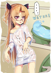 Rule 34 | 1girl, :d, akatsuki uni, blonde hair, blush, bucket, clothes writing, collarbone, commentary request, fingernails, glasses, hair between eyes, hair ornament, hairclip, highres, holding, holding bucket, long hair, long sleeves, looking away, off shoulder, ogami kazuki, open mouth, parted bangs, polka dot, polka dot background, purple eyes, red-framed eyewear, see-through, see-through silhouette, semi-rimless eyewear, shirt, smile, thick eyebrows, two side up, under-rim eyewear, uni create, very long hair, virtual youtuber, water, wet, wet clothes, wet shirt