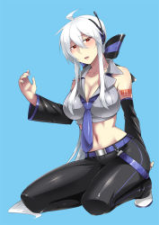 Rule 34 | 1girl, ahoge, bare shoulders, blush, breasts, caffein, cleavage, comic, detached sleeves, female focus, fingernails, full body, headphones, large breasts, long hair, looking at viewer, midriff, nail polish, navel, necktie, open mouth, pants, ponytail, red eyes, silent comic, silver hair, simple background, solo, tattoo, very long hair, vocaloid, yowane haku