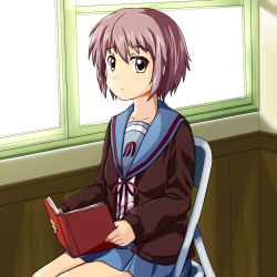 Rule 34 | 1girl, blue sailor collar, blue skirt, book, brown cardigan, brown eyes, cardigan, chair, closed mouth, collarbone, commentary, expressionless, hair between eyes, highres, holding, holding book, indoors, kita high school uniform, long sleeves, looking at viewer, nagato yuki, open book, open cardigan, open clothes, purple hair, reading, red ribbon, ribbon, sailor collar, school uniform, serafuku, sesamine, short hair, sitting, skirt, solo, suzumiya haruhi no yuuutsu, window