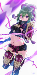 Rule 34 | 1girl, absurdres, armor, black shirt, black shorts, breasts, commentary, crop top, genshin impact, green hair, grey background, hair between eyes, highres, holding, holding mask, kuki shinobu, looking at viewer, mask, unworn mask, medium breasts, midriff, navel, parted lips, ponytail, purple eyes, shirt, short hair, short shorts, shorts, shoulder armor, solo, standing, standing on one leg, stomach, tage (tage1gg8), thighhighs, thighs