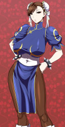 Rule 34 | 1girl, bracelet, breasts, brown hair, bun cover, capcom, chinese clothes, chun-li, double bun, earrings, covered erect nipples, hands on own hips, highres, huge breasts, jewelry, pantyhose, pelvic curtain, sagging breasts, short hair, solo, spiked bracelet, spikes, st.germain-sal, street fighter