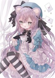 Rule 34 | 1girl, animal ears, cup, cxoxrxu, fur trim, highres, holding, holding cup, la peche party, long hair, long sleeves, looking at viewer, off shoulder, open mouth, purple hair, shizuki tsumiki, solo, tail, virtual youtuber