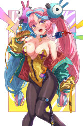 Rule 34 | 1girl, absurdres, bare shoulders, black choker, blue hair, bow-shaped hair, breasts, brown pantyhose, caee penguin, character hair ornament, choker, cleavage, collarbone, creatures (company), food, food on body, food on breasts, game freak, gen 1 pokemon, gen 4 pokemon, gold leotard, green jacket, hair ornament, highres, iono (pokemon), jacket, large breasts, leotard, light blue hair, lightning bolt necklace, long hair, long sleeves, looking at viewer, low-tied long hair, mayonnaise, multicolored clothes, multicolored eyes, multicolored hair, multicolored jacket, nintendo, open mouth, pantyhose, pikachu, pink hair, playboy bunny, pokemon, pokemon sv, purple eyes, red jacket, rotom, rotom phone, sandwich, sharp teeth, sleeves past fingers, sleeves past wrists, smile, solo, split-color hair, strapless, strapless leotard, submarine sandwich, teeth, thigh strap, thighs, twintails, two-tone hair, x, yellow eyes, yellow jacket, zipper, zipper leotard, zipper pull tab