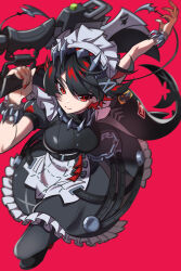 1girl absurdres black_hair breasts commentary ellen_joe fins fish_tail highres holding holding_sword holding_weapon kurenairan77 looking_at_viewer maid maid_headdress medium_breasts mole mole_under_eye multicolored_hair red_background red_eyes red_hair shark_girl shark_tail short_hair simple_background solo sword tail two-tone_hair weapon zenless_zone_zero