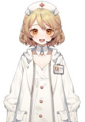 Rule 34 | 1girl, arms at sides, blurry, bob cut, braid, brown hair, commentary, cross, detached collar, dress, hat, headphones, headset, id card, jacket, long sleeves, looking at viewer, nurse, nurse cap, nurse robot type t, open clothes, open jacket, orange eyes, pocket, red cross, short hair, side braid, simple background, solo, suteinua, swept bangs, twin braids, upper body, utau, white background, white dress, white hat, white jacket