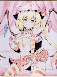 Rule 34 | 1girl, bare shoulders, belt, blonde hair, blush, breasts, colored pencil (medium), colorized, covered erect nipples, embodiment of scarlet devil, fang, female focus, flandre scarlet, flat chest, hat, heart, long hair, maebari, monochrome, naughty face, okiraku nikku, panties, panty pull, red eyes, revealing clothes, shikishi, sideboob, skirt, small breasts, solo, striped clothes, striped panties, thighhighs, touhou, traditional media, underwear, wings