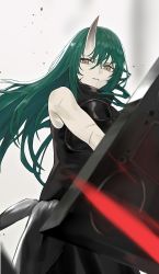 Rule 34 | 1girl, absurdres, arknights, armor, black pants, black shirt, blurry, breastplate, clothes around waist, commentary, cowboy shot, depth of field, facial scar, green hair, grey background, hair between eyes, highres, horns, hoshiguma (arknights), jacket, jacket around waist, koio, long hair, looking at viewer, pants, scar, scar on cheek, scar on face, shield, shirt, simple background, single horn, skin-covered horns, sleeveless, sleeveless shirt, solo, turtleneck, white background, yellow eyes
