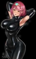 Rule 34 | 1girl, absurdres, alternate costume, armpit cutout, armpits, arms behind head, arms up, black background, black bodysuit, blush, bodysuit, breasts, clothing cutout, commentary request, commission, cowboy shot, eyebrows hidden by hair, hair between eyes, headpiece, highres, jewelry, large breasts, looking at viewer, open mouth, pyra (xenoblade), red eyes, red hair, sgk, shiny clothes, short hair, sidelocks, signature, simple background, skeb commission, smile, solo, steam, sweat, swept bangs, tiara, xenoblade chronicles (series), xenoblade chronicles 2