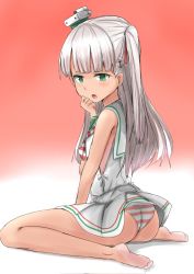 Rule 34 | 1girl, armpit cutout, ascot, between legs, blush, clothing cutout, commentary, dress, green eyes, green stripes, hair ribbon, hand between legs, hand on own cheek, hand on own face, highres, kamaboko senshi, kantai collection, long hair, looking back, looking down, maestrale (kancolle), open mouth, panties, pantyshot, red stripes, ribbon, side ponytail, sitting, sleeveless, sleeveless dress, solo, striped ascot, striped clothes, striped panties, tan, underwear, wariza, white dress, white hair