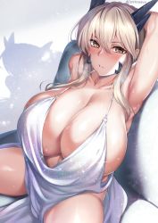 Rule 34 | 1girl, alternate breast size, armpits, artoria pendragon (fate), artoria pendragon (lancer alter) (fate), azur lane, backless dress, backless outfit, bra visible through clothes, breasts, cleavage, cosplay, dress, evening gown, excalibur morgan (fate), fate/grand order, fate (series), halter dress, halterneck, highres, hirasawa seiji, huge breasts, oppai mochi, platinum blonde hair, plunging neckline, revealing clothes, sideboob, silver dress, st. louis (azur lane), st. louis (azur lane) (cosplay), st. louis (luxurious wheels) (azur lane), yellow eyes