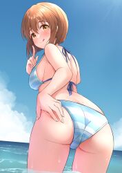 Rule 34 | 1girl, :q, absurdres, antenna hair, ass, ass focus, b1ack illust, back, bikini, blue sky, blush, breasts, brown eyes, brown hair, closed mouth, commentary, commission, day, foreshortening, hagiwara yukiho, hand on own ass, highres, idolmaster, idolmaster million live!, index finger raised, large breasts, looking at viewer, looking back, ocean, outdoors, pixiv commission, short hair, sideboob, sky, smile, solo, striped bikini, striped clothes, swimsuit, tareme, tongue, tongue out, wading, wet