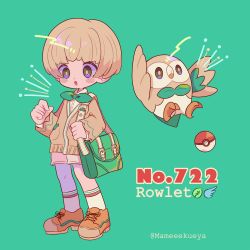 Rule 34 | 1boy, artist name, bag, ball, beak, bird, blunt bangs, blush, bow, bowl cut, bowtie, brown footwear, character name, creature and personification, creatures (company), english text, freckles, full body, game freak, gen 7 pokemon, green background, green bag, highres, holding strap, light brown hair, long sleeves, narumame, nintendo, open mouth, owl, personification, poke ball, poke ball (basic), pokedex number, pokemon, pokemon (creature), rowlet, shoes, short hair, shorts, shoulder bag, simple background, standing, star (symbol)