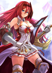 Rule 34 | 1girl, armpits, bare shoulders, blue eyes, blush, boots, breasts, cleavage, detached collar, detached sleeves, gauntlets, godsworn alexiel, granblue fantasy, hair ornament, kanzaki kureha, large breasts, long hair, looking at viewer, red hair, shards, skirt, solo, sword, thigh boots, thighhighs, weapon, zettai ryouiki