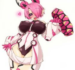 Rule 34 | 1girl, bare shoulders, blush, bodysuit, breasts, cameltoe, covered erect nipples, detached sleeves, halo, heart, heart-shaped pupils, heavy breathing, large breasts, looking at viewer, mechanical halo, open mouth, original, phantasy star, phantasy star online 2, pink hair, pointy ears, purple eyes, rei (holyspirit), short hair, simple background, smile, solo, spoken heart, symbol-shaped pupils, wizard-of-obi