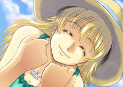 Rule 34 | 00s, 1girl, ^ ^, bare shoulders, blonde hair, clenched hands, closed eyes, collarbone, day, dress, closed eyes, glint, green dress, happy, hat, hoshii miki, idolmaster, idolmaster (classic), idolmaster 1, jewelry, mash, mash (masurawo), necklace, pendant, smile, solo, sun hat, sundress