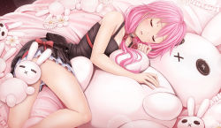 Rule 34 | 10s, 1girl, :x, black dress, button eyes, buttons, choker, closed eyes, dress, flower, guilty crown, hair tubes, highres, lying, on side, open mouth, pillow, pink hair, pink theme, pouch, rabbit, revision, sleeping, solo, stuffed animal, stuffed rabbit, stuffed toy, sunimu, twintails, yuzuriha inori