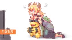 Rule 34 | 1boy, 1girl, @ @, armlet, bare shoulders, black dress, blonde hair, blue eyes, blush, borrowed design, bowser jr, bowser jr., bowsette, bracelet, breast rest, breasts, breasts on head, brown hair, cleavage, collar, controller, crown, crying, crying with eyes open, cyp tw, dress, earrings, embarrassed, facial hair, family, fangs, forced smile, game controller, gamepad, high heels, highres, horns, jewelry, koopa shell, large breasts, long hair, mario (series), mature female, mother and son, new super mario bros. u deluxe, nintendo, parody, playing games, shoes, simple background, smile, spiked armlet, spiked bracelet, spiked collar, spiked shoes, spikes, steam, strapless, strapless dress, super crown, sweat, tears, turtle shell, white background