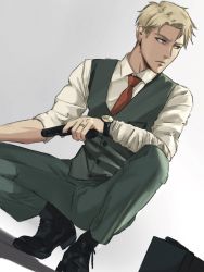 Rule 34 | 1boy, black footwear, blonde hair, blue eyes, briefcase, buttons, closed mouth, collared shirt, commentary, english commentary, green pants, green vest, gun, handgun, highres, holding, holding gun, holding weapon, jewelry, long sleeves, looking to the side, male focus, necktie, nori (noriarchives), pants, red necktie, revolver, ring, shirt, simple background, solo, spy x family, squatting, twilight (spy x family), undercut, vest, watch, weapon, wedding ring, white background, white shirt, wing collar, wristwatch