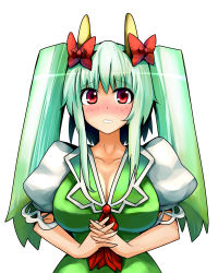 Rule 34 | 1girl, alternate hairstyle, bad id, bad pixiv id, blush, breasts, cleavage, ex-keine, female focus, gradient hair, horn ornament, horn ribbon, horns, kamishirasawa keine, large breasts, long hair, multicolored hair, nanban teishoku, red eyes, ribbon, solo, touhou, twintails
