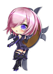 Rule 34 | 1girl, armor, chibi, elbow gloves, erusen (des-arms), fate/grand order, fate (series), gloves, hair over one eye, looking back, mash kyrielight, purple eyes, purple hair, shield, short hair, simple background, solo, thighhighs, zettai ryouiki