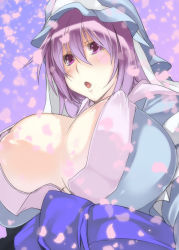 Rule 34 | 1girl, bad id, bad pixiv id, blue dress, blush, breasts, cleavage, covered erect nipples, dress, female focus, hat, huge breasts, large breasts, no bra, open clothes, open dress, open mouth, petals, pink eyes, pink hair, saigyouji yuyuko, sash, solo, toono yayoi, touhou, upper body, veil