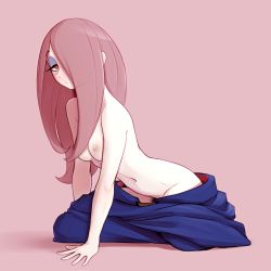 Rule 34 | 1girl, absurdres, arm support, breasts, closed mouth, eyeshadow, hair over one eye, half-closed eye, highres, little witch academia, long hair, looking at viewer, makeup, medium breasts, nipples, pale skin, pink hair, pudgeruffian, red eyes, simple background, sitting, solo, sucy manbavaran