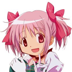 Rule 34 | 10s, 1girl, :d, \n/, blush, bow, choker, crossed arms, derivative work, gloves, hair bow, hair ornament, hair ribbon, happy, heart, heart-shaped pillow, highres, hugging object, jewelry, kaname madoka, looking at viewer, magical girl, mahou shoujo madoka magica, mahou shoujo madoka magica (anime), oekaki, official art, open mouth, pendant, pillow, pillow hug, pink eyes, pink hair, plaid, portrait, puffy sleeves, ribbon, ribbon choker, short hair, short twintails, simple background, smile, solo, tenton, twintails, white gloves