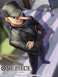 Rule 34 | 1boy, black hat, black jacket, black pants, blonde hair, commentary request, copyright name, couch, crossed arms, dust, from above, giraffe boy, hat, high collar, jacket, kaku (one piece), long nose, looking at viewer, male focus, official art, one piece, one piece card game, pants, sennsu, shadow, short hair, smile, solo