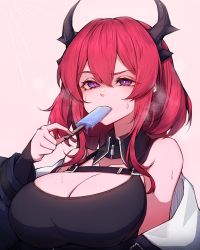Rule 34 | 1girl, absurdres, arknights, bare shoulders, breasts, cleavage, commentary request, food, hair between eyes, hand up, highres, holding, holding food, horns, large breasts, long hair, looking at viewer, off shoulder, pink background, popsicle, purple eyes, red hair, rikuguma, simple background, solo, surtr (arknights), sweat, upper body