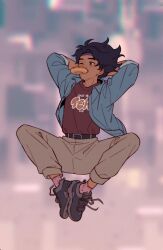 Rule 34 | 1boy, arms behind head, belt, black belt, black hair, blue jacket, commentary, english commentary, food in mouth, food print, highres, jacket, marvel, midair, one eye closed, pavitr prabhakar, shoelaces, shoes, socks, solo, spider-man: across the spider-verse, spider-man (series), spider-verse, strawberry print, tikklil