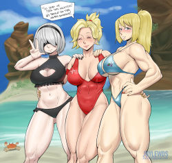 Rule 34 | 3girls, adapted costume, alternate costume, android, artist name, bare arms, bare legs, bare shoulders, beach, bikini, blindfold, blonde hair, blue bikini, blue eyes, blush, breasts, cloud, collarbone, day, hand on own hip, high ponytail, highleg, highleg swimsuit, highres, joylewds, large breasts, legs, lifeguard, lips, long hair, mercy (overwatch), metroid, multiple girls, nail polish, navel, nier:automata, nier (series), nintendo, one-piece swimsuit, open mouth, outdoors, overwatch, overwatch 1, ponytail, samus aran, sidelocks, silver hair, sky, smile, standing, swept bangs, swimsuit, 2b (nier:automata)