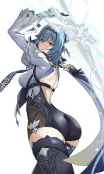 Rule 34 | 1girl, absurdres, arms up, ass, ass focus, backless leotard, backless outfit, black hairband, black thighhighs, blue cape, blue hair, blue necktie, blush, cape, clothing cutout, crystal sword, eula (genshin impact), from behind, genshin impact, greatsword, hair ornament, hairband, high-waist shorts, highres, holding, holding sword, holding weapon, leotard, looking at viewer, medium hair, necktie, puffy sleeves, shorts, shoulder cutout, simple background, solo, sword, takai isshiki, thighhighs, thighs, weapon, white background, white sleeves, yellow eyes
