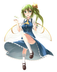Rule 34 | 1girl, ascot, blue dress, breasts, daiyousei, dress, fairy wings, full body, green eyes, green hair, hair ribbon, highres, ibuki notsu, large breasts, looking at viewer, mary janes, matching hair/eyes, puffy short sleeves, puffy sleeves, ribbon, shoes, short sleeves, side ponytail, simple background, solo, tears, touhou, white background, wings