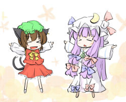 Rule 34 | &gt; &lt;, 2girls, :&lt;, animal ears, bad id, bad pixiv id, brown hair, cat ears, cat girl, cat tail, chen, chibi, dress, earrings, closed eyes, fang, female focus, hair ribbon, hat, jewelry, multiple girls, multiple tails, natsuki (silent selena), patchouli knowledge, purple hair, ribbon, tail, touhou