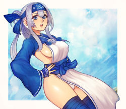 Rule 34 | 1girl, absurdres, ainu, ainu clothes, bad id, bad pixiv id, bandana, bare hips, blue eyes, blue sky, border, breasts, cloud, cropped jacket, day, dress, folded ponytail, fundoshi, hair between eyes, hands on own hips, headband, highres, japanese clothes, jj steak, kamoi (kancolle), kantai collection, long sleeves, looking at viewer, medium breasts, pelvic curtain, sideboob, sidelocks, sky, sleeveless, sleeveless dress, solo, tassel, thighhighs, white dress, white hair, wrist guards