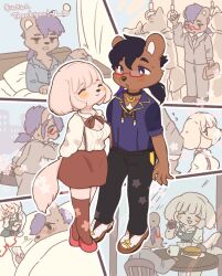 Rule 34 | 2girls, 3boys, animal ears, bear ears, bear girl, bear tail, black pants, blouse, blush, borrowed character, cafe, choker, claws, clothing cutout, commission, cup, dog ears, dog girl, dog tail, food, formal, full body, furry, furry female, furry male, glasses, highres, low twintails, mug, multicolored hair, multiple boys, multiple girls, nekomamanyao, office lady, original, pants, pawpads, purple eyes, purple hair, purple shirt, red-framed eyewear, sandals, sandwich, shirt, shirt tucked in, shoes, short sleeves, skirt, smile, socks, standing, suit, table, tail, tail through clothes, tail wagging, thighhighs, thought bubble, train interior, twintails, two-tone hair, waking up, white hair, yuri