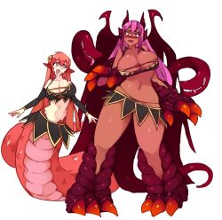 Rule 34 | 2girls, :d, alternate costume, animal hands, belly dancing, blush, breasts, claws, cleavage, commentary, crossover, curvy, dark-skinned female, dark skin, detached sleeves, dragon girl, dragon wings, english commentary, full body, hair between eyes, hair ornament, hairclip, height difference, jabberwock (monster girl encyclopedia), lamia, large breasts, long hair, looking at another, midriff, miia (monster musume), monster girl, monster girl encyclopedia, monster musume no iru nichijou, multiple girls, navel, nose blush, open mouth, pointy ears, purple eyes, purple hair, red hair, rtil, scales, simple background, skindentation, smile, tail, tall female, teeth, thick thighs, thighs, tongue, wavy mouth, white background, wide hips, wings, yellow eyes