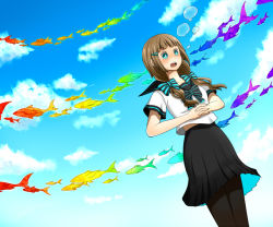 Rule 34 | 1girl, blue eyes, brown hair, bubble, cloud, day, female focus, fish, flying fish, gradient background, hair ornament, hairclip, long hair, open mouth, outdoors, pantyhose, pixiv shadow, pixiv shadow 3, rainbow order, ribbon, rio (skyjacking), skirt, sky, solo