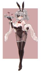Rule 34 | 1girl, animal ears, black gloves, black leotard, black pantyhose, border, bow, bowtie, breasts, brown background, cleavage, commentary request, cup, detached collar, drinking glass, elbow gloves, eyepatch, fake animal ears, feather boa, gloves, highres, kujira lorant, large breasts, leotard, long hair, looking at viewer, orange eyes, original, pantyhose, playboy bunny, ponytail, rabbit ears, red bow, red bowtie, sidelocks, silver hair, solo, strapless, strapless leotard, thighhighs, tray, two-tone background, white border, wine glass, wrist cuffs