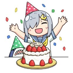 Rule 34 | birthday cake, cake, closed eyes, commentary request, facing viewer, food, fruit, grey hair, grey sailor collar, hair ornament, hair over one eye, hairclip, hama! (3toshinhmkz), hamakaze (kancolle), happy birthday, hat, kantai collection, neckerchief, no nose, outstretched arms, party hat, sailor collar, school uniform, serafuku, short hair, simple background, strawberry, stuffed animal, stuffed shark, stuffed toy, white background, yellow neckerchief