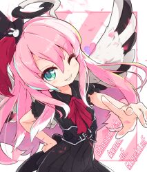 Rule 34 | 1girl, black dress, character name, commentary request, dress, duel monster, english text, feathered wings, ghostrick angel of mischief, green eyes, grin, hair between eyes, hand on own hip, hat, highres, long hair, looking at viewer, one eye closed, perorisu, pink hair, puffy short sleeves, puffy sleeves, short sleeves, sidelocks, smile, wings, yu-gi-oh!