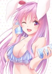 Rule 34 | 1girl, ;d, animal ears, bare arms, bare shoulders, bikini, blue bikini, blush, breasts, can, collarbone, commentary request, frilled bikini, frills, hands up, hisae (hisae collect), holding, holding can, large breasts, long hair, looking at viewer, nail polish, one eye closed, open mouth, pink nails, polka dot, polka dot background, purple hair, rabbit ears, red eyes, reisen udongein inaba, sidelocks, smile, solo, stomach, swimsuit, touhou, upper body, white background
