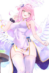 Rule 34 | 1girl, alternate costume, armpits, blue archive, blush, breasts, china dress, chinese clothes, dress, feathered wings, feet out of frame, fingerless gloves, gloves, hair bun, halo, highres, looking at viewer, medium breasts, mika (blue archive), nail polish, pelvic curtain, pink dress, pink hair, simple background, single side bun, skindentation, skirt hold, sleeveless, sleeveless dress, smile, solo, thighhighs, white background, white thighhighs, white wings, wings, wrist cuffs, zea (zeamilky)