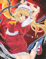 Rule 34 | 1girl, arm up, ascot, bad arm, breasts, crystal, flandre scarlet, foot out of frame, frilled skirt, frills, hat, hat ribbon, head tilt, holding, holding polearm, holding weapon, incoming attack, jpeg artifacts, laevatein (touhou), looking at viewer, mary janes, mob cap, multicolored wings, open mouth, polearm, puffy short sleeves, puffy sleeves, rano (u rano), red eyes, red footwear, red ribbon, red skirt, red vest, ribbon, shirt, shoes, short sleeves, skirt, sleeve ribbon, small breasts, socks, solo, touhou, traditional media, vest, weapon, white hat, white shirt, white socks, wings, yellow ascot