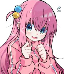 Rule 34 | 1girl, blue eyes, bocchi the rock!, commentary, cube hair ornament, gotoh hitori, hair between eyes, hair ornament, highres, hyou (hyouga617), jacket, long hair, long sleeves, looking at viewer, one side up, pink hair, pink jacket, simple background, solo, track jacket, upper body, wavy mouth, white background