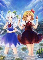 Rule 34 | 2girls, black skirt, black vest, blonde hair, blue dress, blue eyes, blue hair, blue sky, cirno, ascot, day, dress, food, frog, fruit, hair ribbon, hands up, highres, lily pad, looking at viewer, multiple girls, open mouth, outdoors, popsicle, puffy short sleeves, puffy sleeves, red eyes, ribbon, rumia, sharp teeth, short hair, short sleeves, skirt, skirt set, sky, standing, suzutaka (ringo kakigoori), teeth, touhou, tree, vest, wading, watermelon, watermelon bar, wings