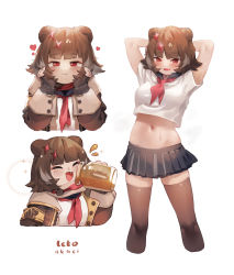 Rule 34 | 1girl, :d, animal ears, arknights, arms behind back, arms up, artist name, bear ears, black skirt, black thighhighs, blush, blush stickers, breasts, brown hair, brown jacket, character name, closed eyes, crop top, cropped torso, drinking, fang, hands on own cheeks, hands on own face, heart, highres, holding, jacket, jar, kani fish, leto (arknights), long sleeves, looking at viewer, medium breasts, midriff, miniskirt, multiple views, navel, neckerchief, open clothes, open jacket, open mouth, pleated skirt, red eyes, red neckerchief, school uniform, serafuku, shirt, short hair, short sleeves, simple background, skirt, smile, sparkle, stomach, sweat, thighhighs, white background, white shirt, zettai ryouiki