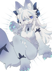 Rule 34 | 1girl, 2023, animal ear fluff, breasts, furry, furry female, gray fur, grey hair, highres, long hair, looking at viewer, medium breasts, one eye closed, open mouth, pemi (spommmm), purple eyes, smile, white background